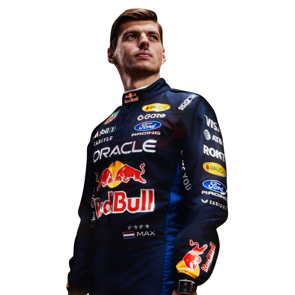 Close up of Max Verstappen 2026 racing suit showing detailed stitching and brand patches - Revex Gear
