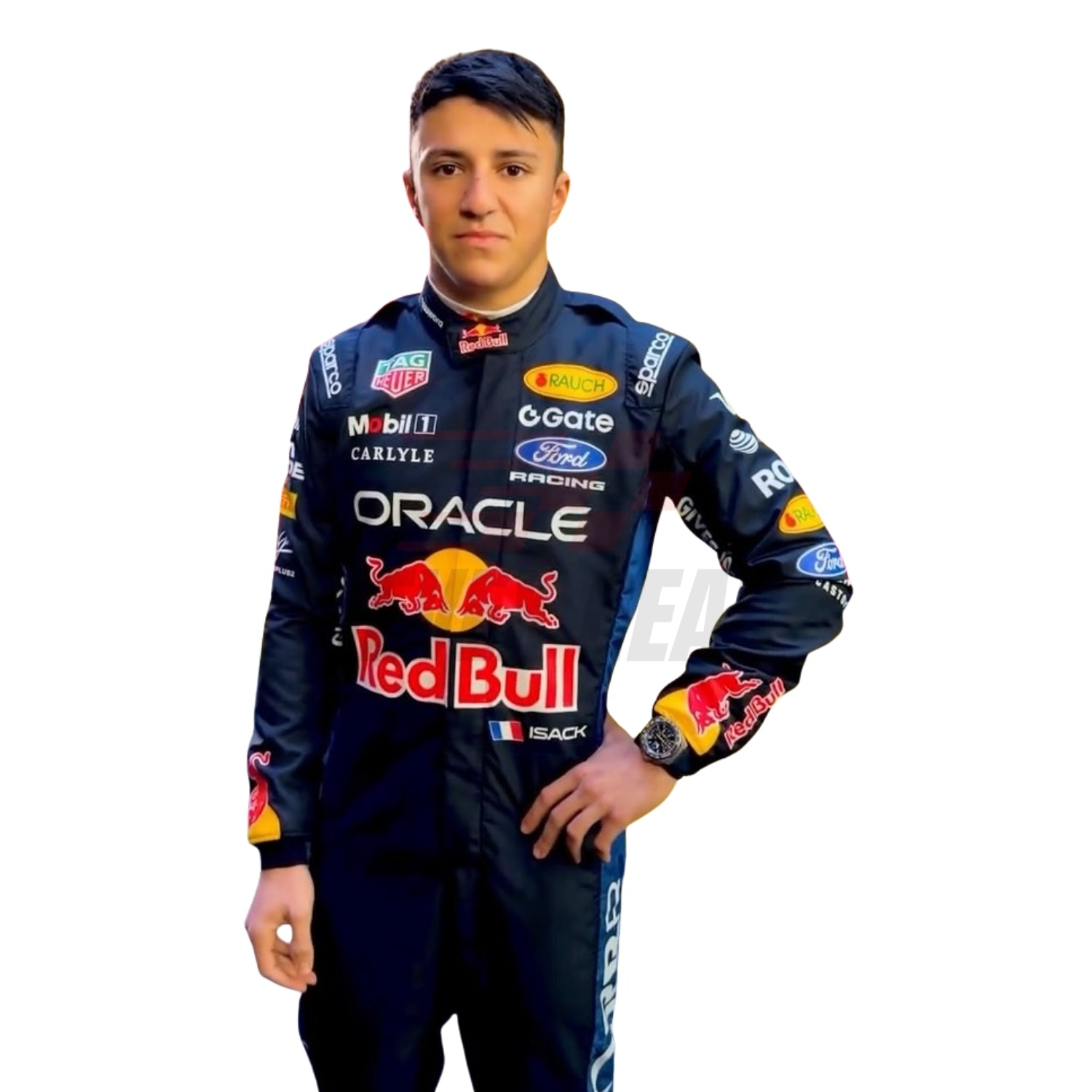 Close up detail of Isack Hadjar 2026 racing suit showing chest and shoulder patches - Revex Gear