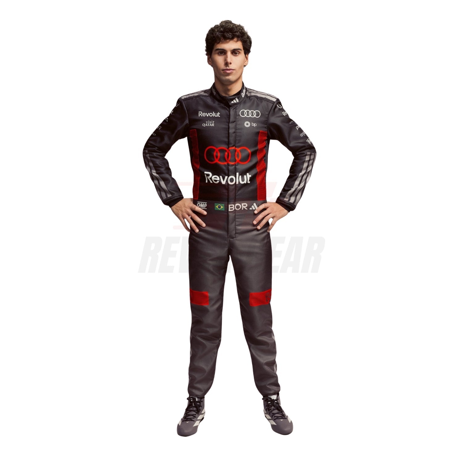 Gabriel Bortoleto wearing a racing suit with Audi and Revolit logos on a 2026 suit