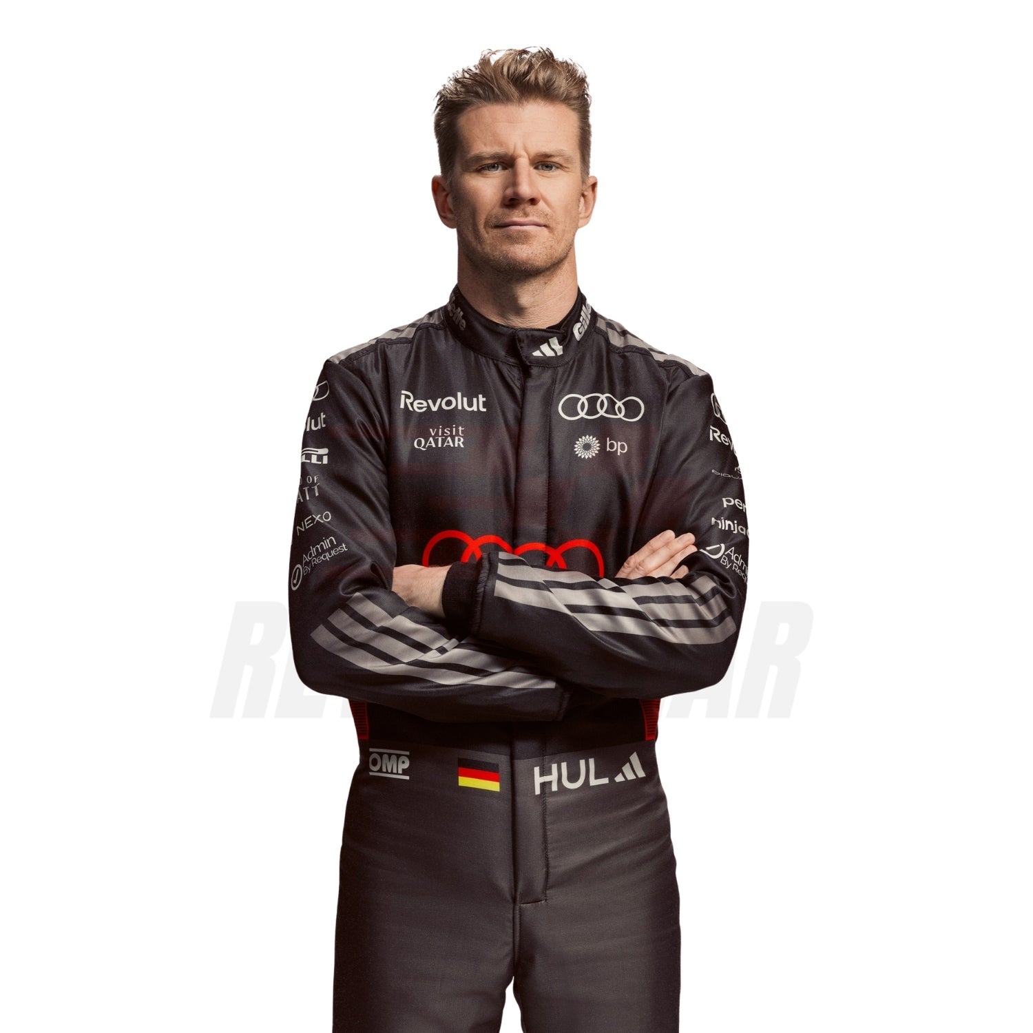 Front Close View of Nico Hulkenberg wearing a black racing suit with various sponsor logos on sleeves and fornt
