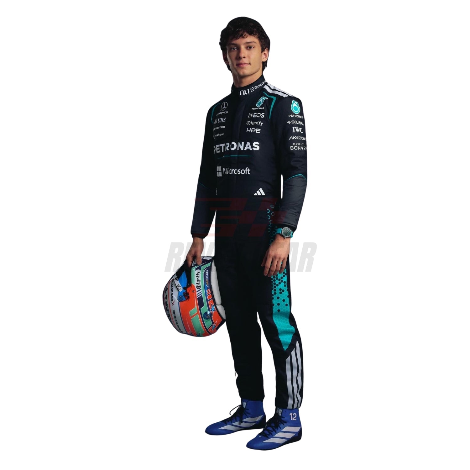 Andrea Kimi Antonelli 2026 silver F1 racing suit front view with race number and sponsor logos - Reex Gear
