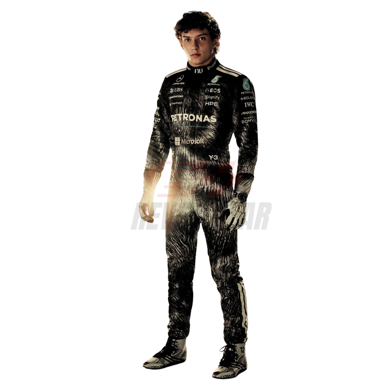 Full body view of Andrea Kimi Antonelli's replica F1 suit in signature silver 2026 Japanese GP colorway - Revex Gear