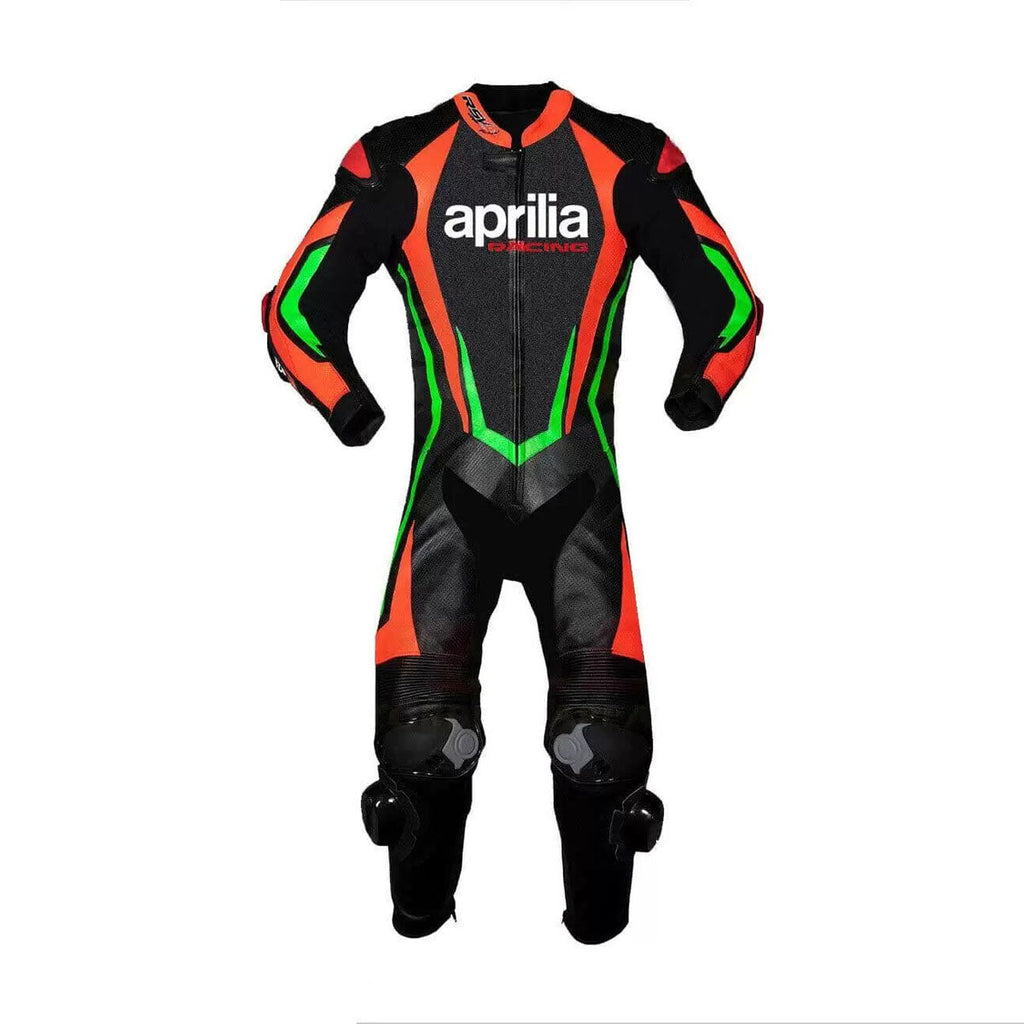 Aprilia Motorcycle Racing Black and Orange Leather Suit