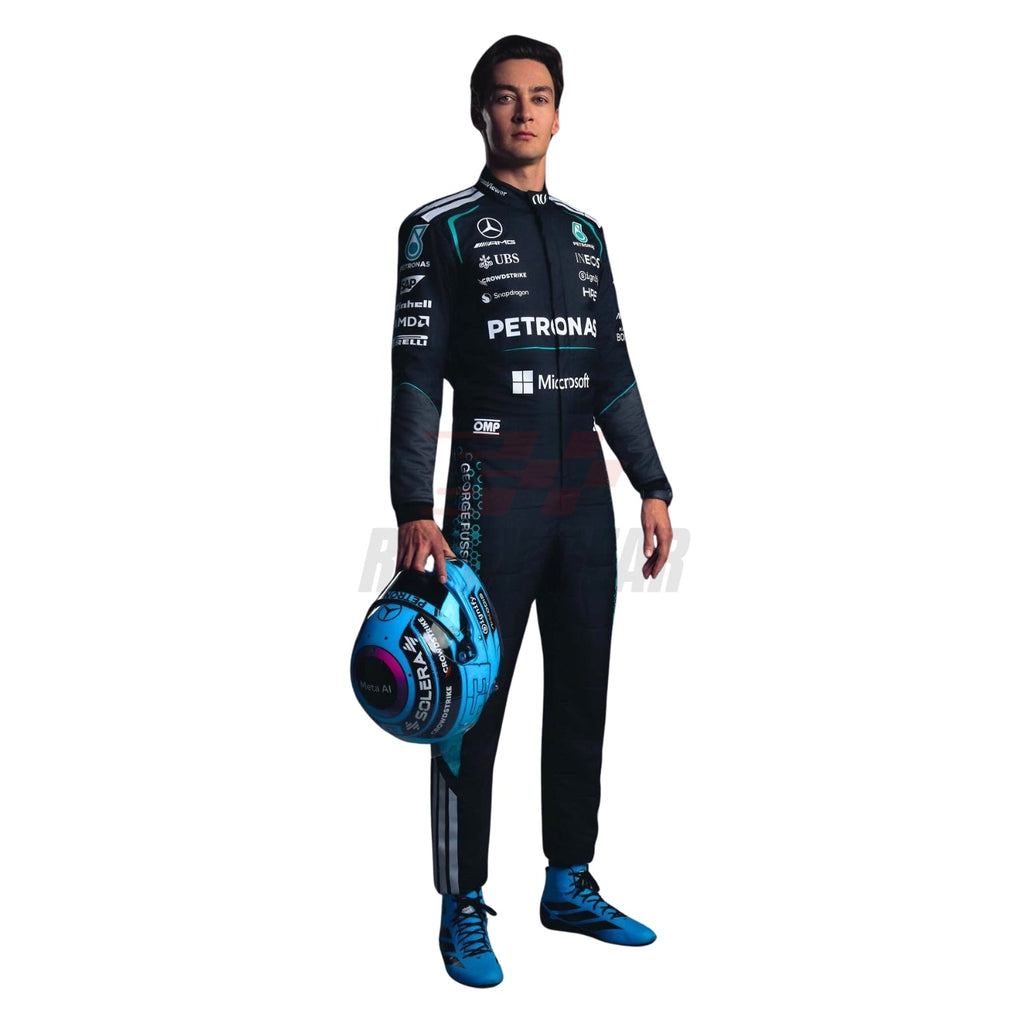 George Russell 2026 F1 racing suit front view with number 63 and sponsor logos - Revex Gear
