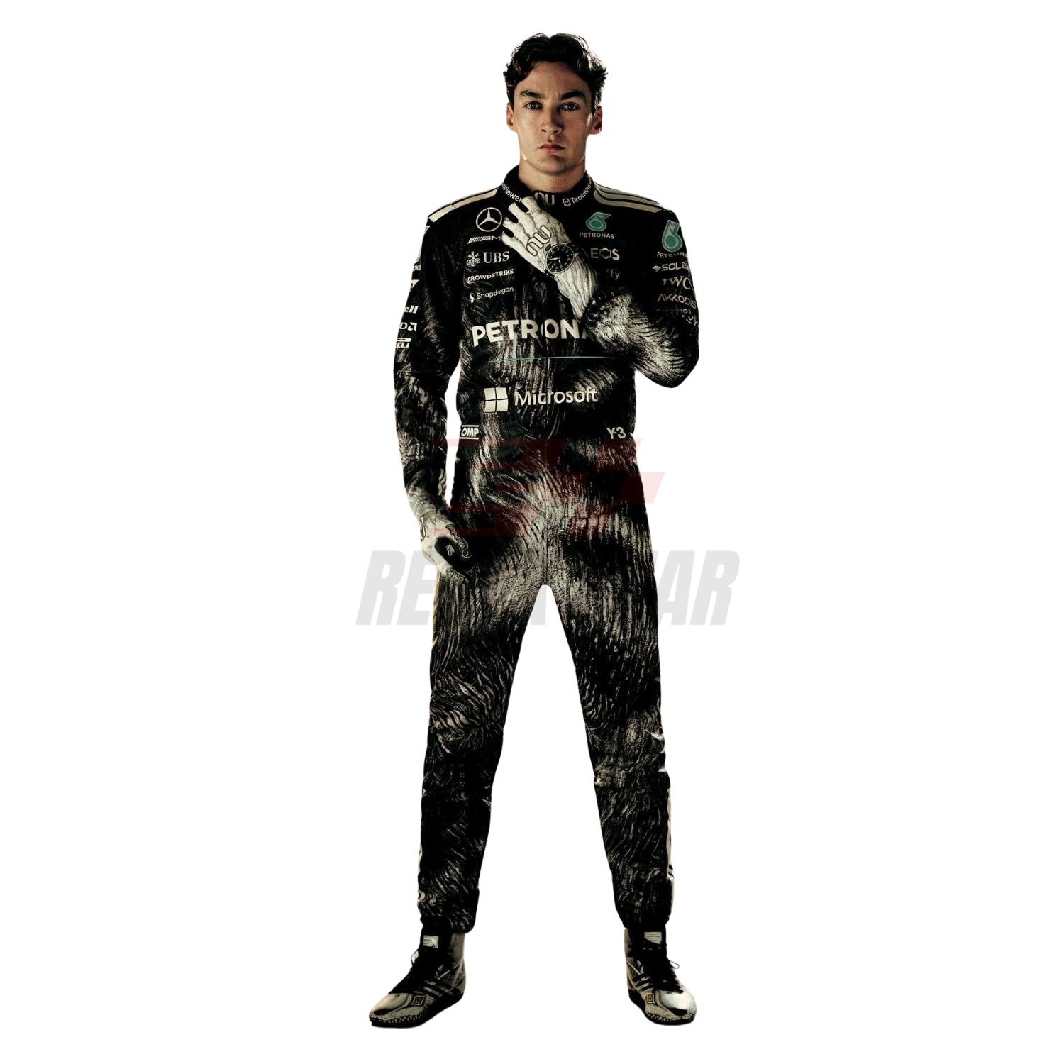 Full body view of George Russell 2026 F1 suit in black and silver Japanese GP colorway - Revex Gear