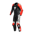 Mugello 3 Perforated One-Piece Motorcycle Leather Racing Suit Black, Fluo Red, and White