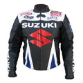 Suzuki Black/Blue Motorbike Leather Racing Jacket with Safety Pads